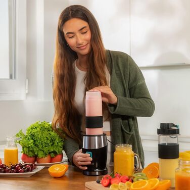 Cecotec Portable Single Blender Power Titanium 300 EasyGo - 350W Ice Crusher with Titanium-Coated Blades, 2 Cooling Tubes, 2 Travel Cups & Lids