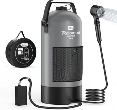 Сонячний душ Tadomoe 20L з насосом та сумкою, 2000mAh, для кемпінгу, пляжу, подорожей (сірий)