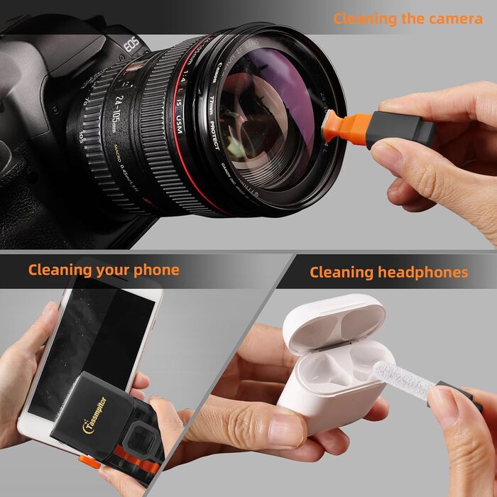 Набір для чищення клавіатури та електроніки, 6-в-1: клавіатура, ноутбук, iPhone, iPad, камера, AirPods. Компактний набір з спреєм та щіткою для екранів. Чорний колір