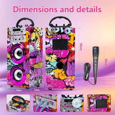 Караоке DYNASONIC з 2 мікрофонами, портативна караоке-машина, Bluetooth-колонки, USB та SD-картрідер, світлові ефекти, подарунок для дітей 5-13 років (025-12 Licht)