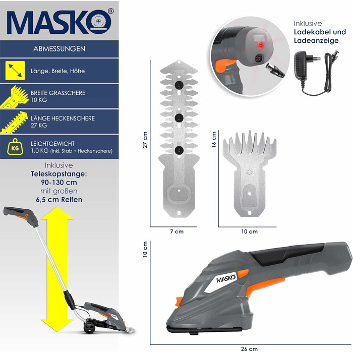 MASKO® Акумуляторні ножиці для трави та кущів 7,2V 2000мА·год, електричний садовий секатор, телескопічна ручка 90-130 см, колеса, зарядний пристрій, рукавички, ножі для трави і кущів