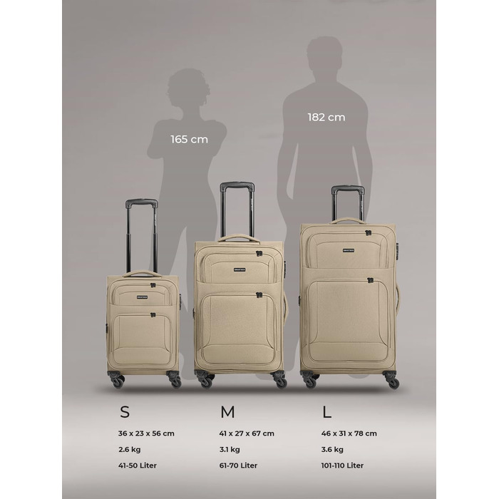 Набір валізак Smartbox (3 шт.) для жінок та чоловіків | Легкі та міцні валізи-ролери, якісний softcase, 4 колеса та кодовий замок | Розширювані | Бежевий колір