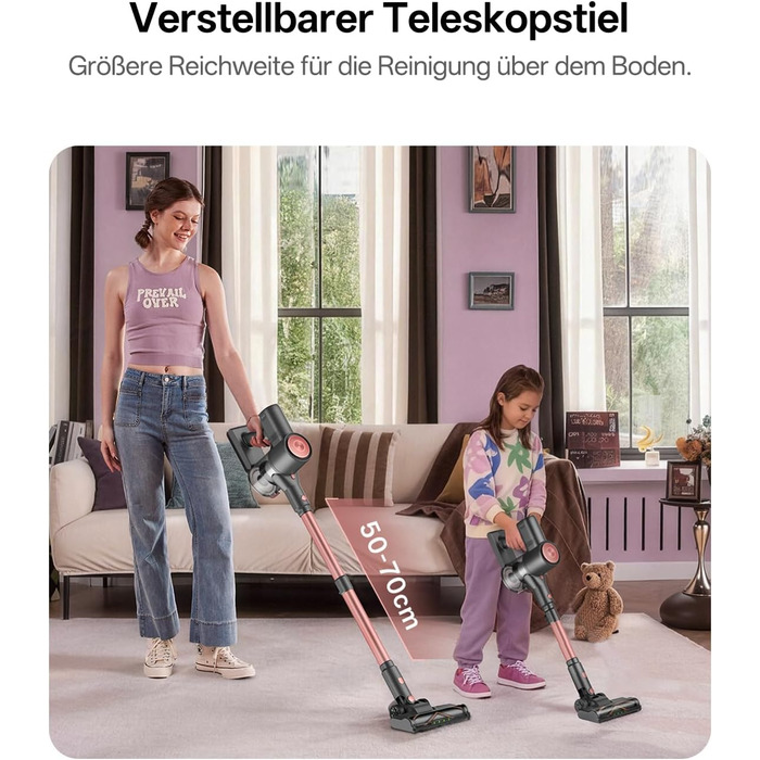 Бездротовий акумуляторний пилосос Vexilar V10PRO 6-в-1 з LED, потужність 450W, час роботи 45 хв, сила всмоктування 45000Pa. Підходить для твердих поверхонь, килимів та видалення шерсті тварин. Компактний, легкий, з телескопічною трубою. Колір: Рожевий.