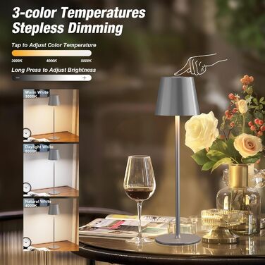 Набір з 2 бездротових настільних ламп LED з акумулятором, сенсорне регулювання яскравості, 3 режими кольору, USB-C зарядка для спальні, столу, кемпінгу (Чорний)