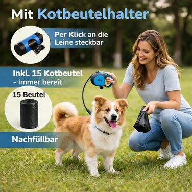 Рулетка для собак великих порід Flexi New Comfort, 8 м, до 50 кг, з кнопкою блокування, тримач для відходів, блакитна XL