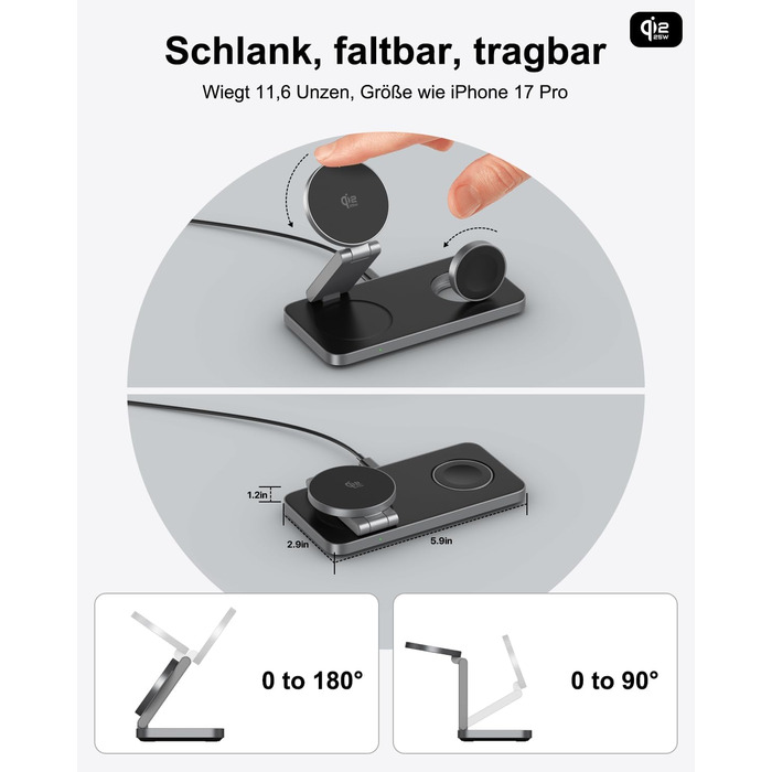 Бездротовий зарядний пристрій 25W MagSafe 3-в-1 для iPhone 17e/17/16/15/14/13/12/Air, Apple Watch та AirPods Pro - чорний