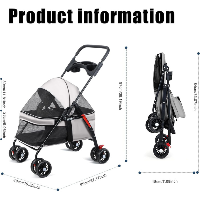 Foldable Pet Stroller for Small Dogs & Cats - 360° Swivel Wheels, Double Locking, Adjustable Canopy, Grey Mesh