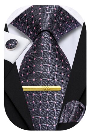 Чоловіча краватка Hi-Tie шовкова, сіро-рожева картата, формальна, з кишеньковою хустинкою та затискачем для краватки, набір для весілля та бізнесу
