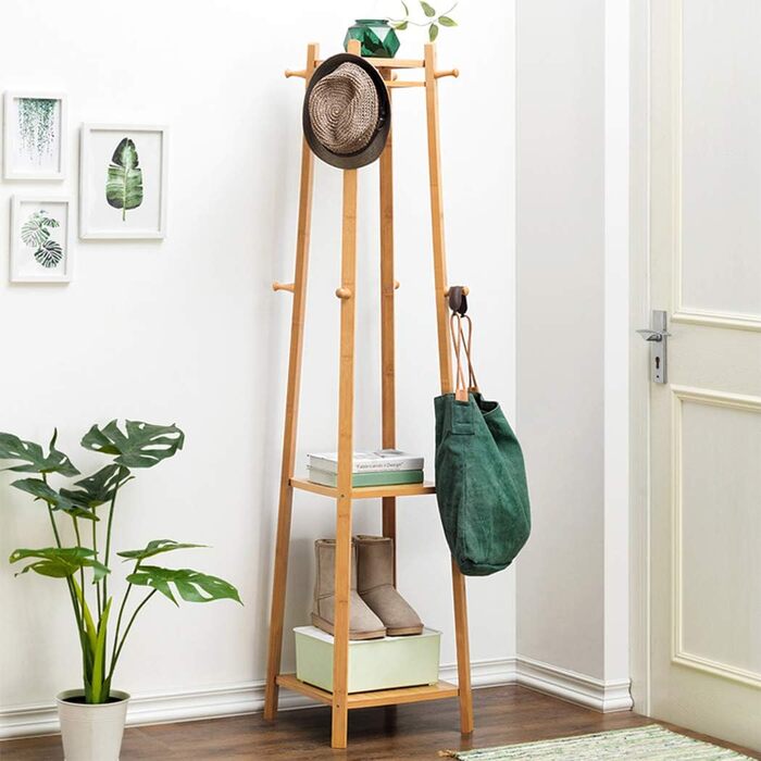 Bamboo Clothes Rack Coat Stand with 8 Hooks and 3 Shelves for Shoes, Hats, and Scarves, for Hallway, Living Room, and Guest Room