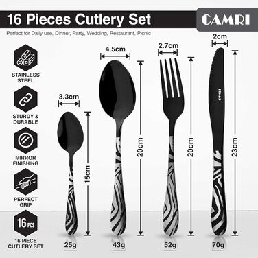 Набір столових приборів CAMRI – 16 предметів, нержавіюча сталь, набір для 4 осіб, легко миється (креузо-чорний візерунок)