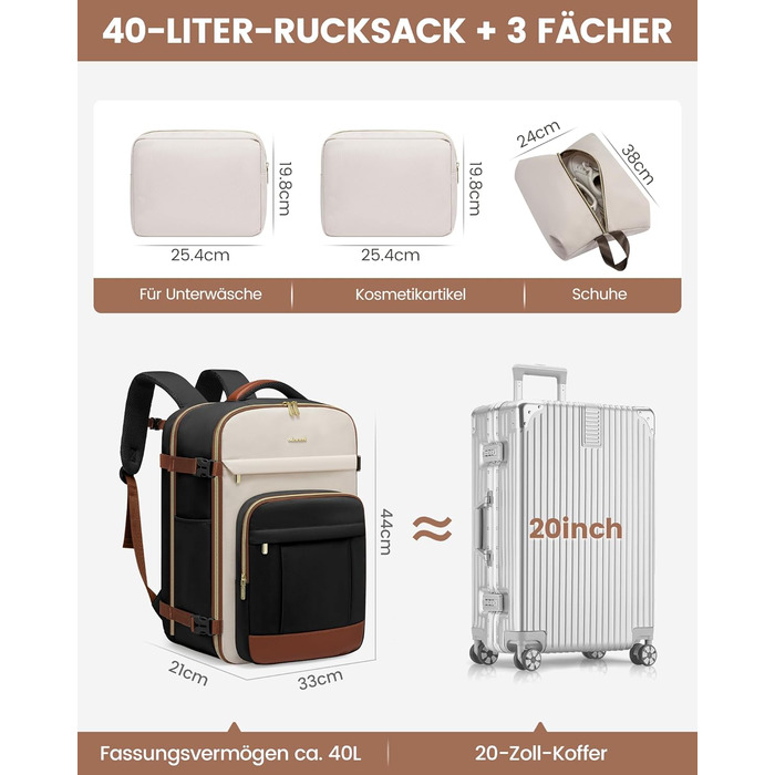 LOVEVOOK Рюкзак для ручної поклажі, 40L, для жінок з відділенням для 17-дюймового ноутбука, водонепроникний, для подорожей, роботи, бізнесу, Weekender, хакі (чорний-бежевий-коричневий)