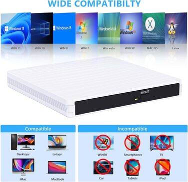 Зовнішній DVD-привід USB 3.0 та Type-C, портативний CD/DVD+/-RW записувач для ноутбука, ПК, MacBook, Windows, MacOS, Linux (Білий)
