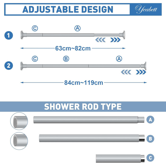 Штанга для штор без свердління, 48-119.4 см, телескопічна, кріпиться без свердління, для душу/штор, сіра (1 шт.)