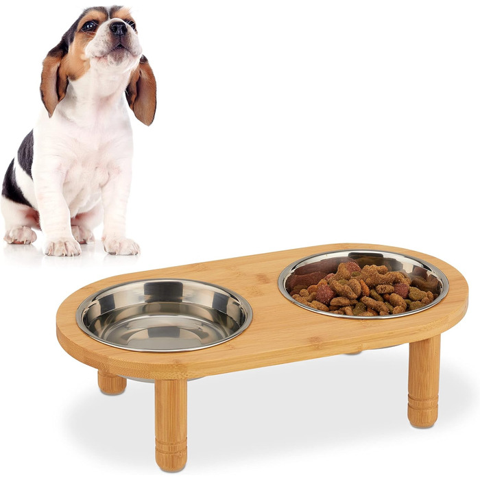 Підставка для корму Relaxdays для маленьких собак, 2 миски по 300 мл, піднята, бамбук та нержавіюча сталь, розміри: 9,5x34,5x18 см, колір: натуральний/сріблястий