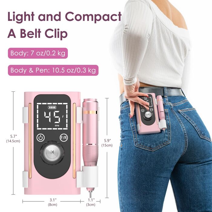 Професійна електрична фрезер для нігтів 45000 RPM, портативна, для манікюру та педикюру, рожева