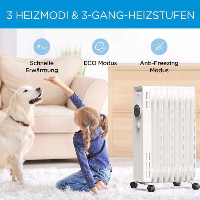 Радіатор масляний Midea 2000W, енергозберігаючий, тихий, з 9 ребрами, термостатом, 3 режими, захист від замерзання, LED дисплеєм, захистом від перекидання та перегріву, ECO-режим