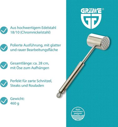 Молоток для м'яса GRÄWE з нержавіючої сталі, двосторонній відбійний молоток з гладкою та рифленою поверхнею, 28 см