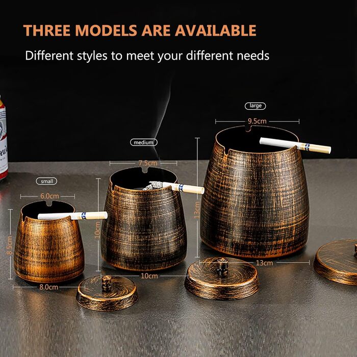 Стакан для сигарет з кришкою, нержавіюча сталь, для дому та вулиці, середній розмір