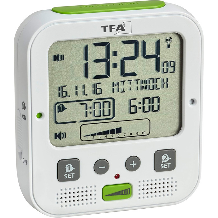 TFA Dostmann Boom Funkwecker, Loud with Vibration Alarm, Snooze Function, Adjustable Volume and Brightness, Automatic Night Light, White, L 110 x W 65 x H 122 mm