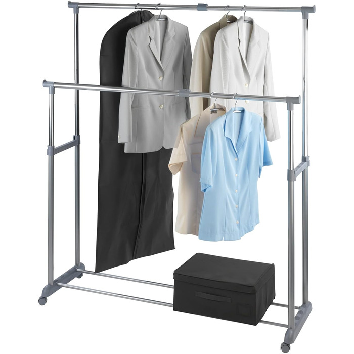 WENKO Clothes Rack, Folding, Clothes Storage with Adjustable Clothes Rod and Wheels, Plastic/Metal, 88 x 100-168 x 11-49 cm, Chrome/Grey (168 x 44 x 163 cm)