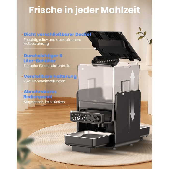 Автомат годівлі для котів з керуванням через додаток, для 2 котів, регульована висота, 2 миски, 5 л, з функцією запису голосу та таймером