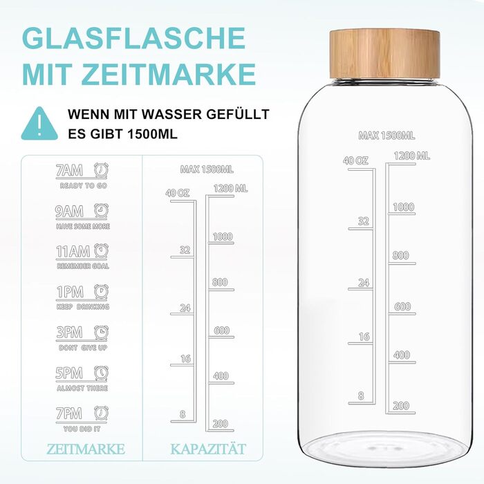 RNCKUUE 2 Liter Glass Bottle, 2l Glass Drinking Bottle, Glass Water Bottle with Filter, Neoprene Sleeve, Bottle Brush (1500 ml, Bamboo Lid)