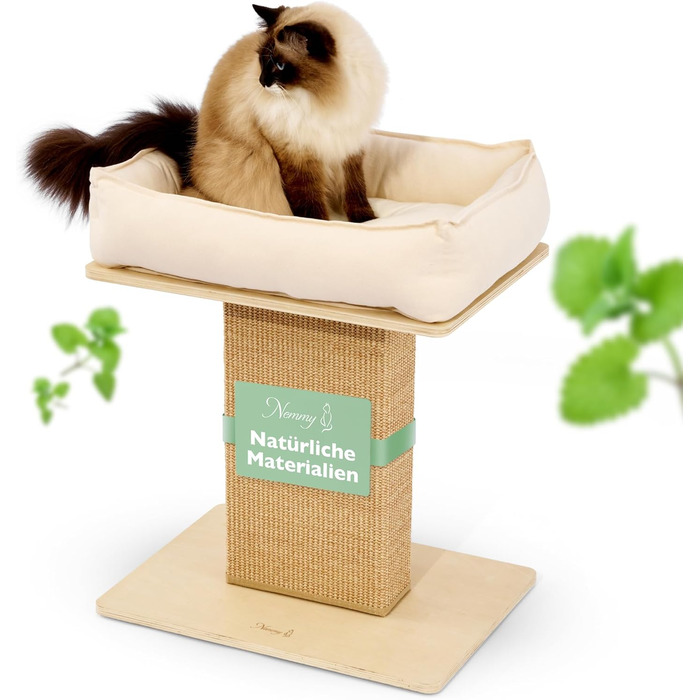 Nemmy Premium Cat Tree Small Beige | Stable Scratching Post Extra Wide | Cat Bed with Cushion | Cat Tree for Large Cats | Modern Wood Natural | Scratching Column | Scratching Post