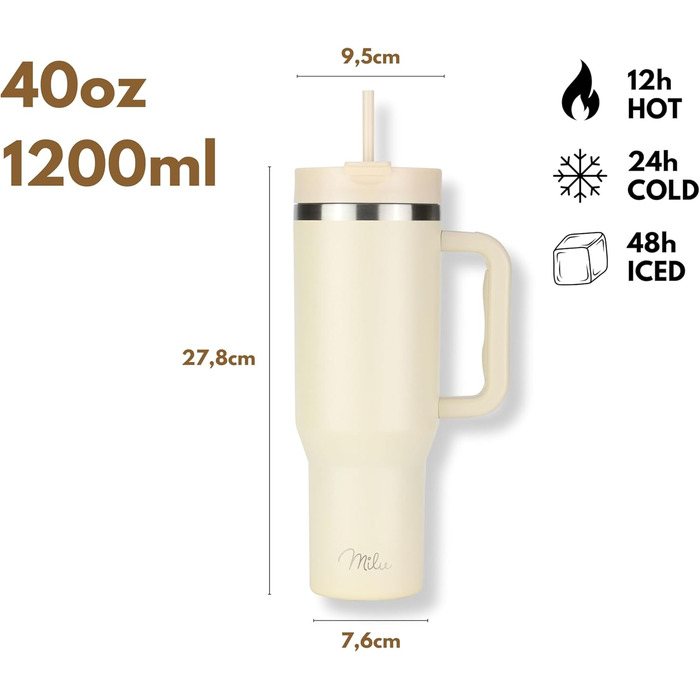 Термокружка Milu 1200 мл з трубочкою та ручкою – 48 годин льоду/24 години холод/12 годин гаряче. Нержавіюча сталь, подвійні стінки, ізольована, 1,2 л (Бежевий)