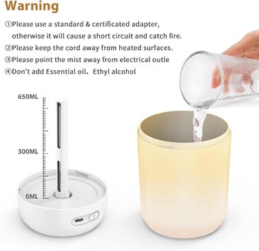 Зволожувач повітря для спальні та кімнати дитини, компактний, тихий, бездротовий, 650 мл, білий