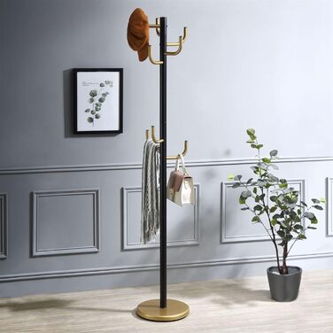 IDIMEX Clothes Rack Mila made of metal, a practical coat rack with 8 hooks. Timeless hat stand with a round base (Black/Gold)