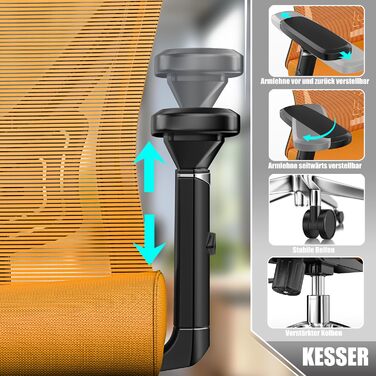 Офісне крісло KESSER® ергономічне з регульованими підлокітниками, поворотне з підтримкою попереку, з підголівником. Функція гойдання до 125° та 5 роликів. Оранжевий/срібний колір.