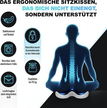 Ортопедична подушка для сидіння з Memory Foam | Ергономічна для офісу, авто та дому – проти болю в спині, геморою та ішіасу | Пральна, дихаюча | Рекомендовано до 95 кг