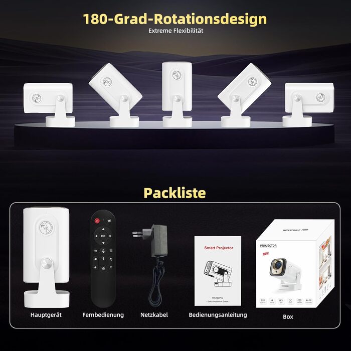 Beautiebeam Beamer: Міні проєктор Full HD 1080P/4K з автотрапецеїдною корекцією, Android 11, Bluetooth 5.0, WiFi 2.4/5G, 180° обертання для дому та на вулицю