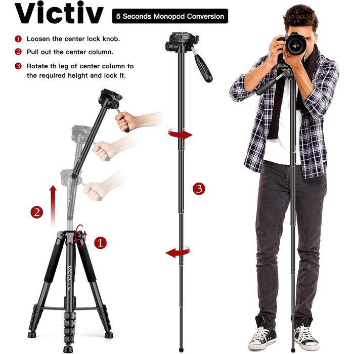 Штатив для камери Victiv 182см з алюмінію: трипод, монопод, 360° кулькова головка, 2 швидкісні пластини для DSLR - чорний