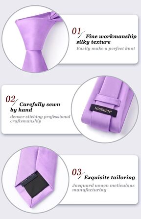 HISDERN Комплект краваток для чоловіків: краватка, нагрудна хустинка та краватки-затискач. Класичний однотонний дизайн, фіолетовий колір. Ідеально для святкових заходів, весілля та вечірок.
