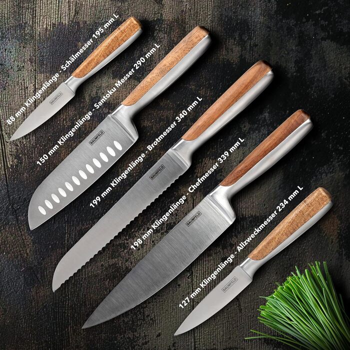 Baumfeld 6-Piece Knife Block Set - Premium Stainless Steel Kitchen Knives with Acacia Wood Magnetic Block - Professional Chef Knife Set