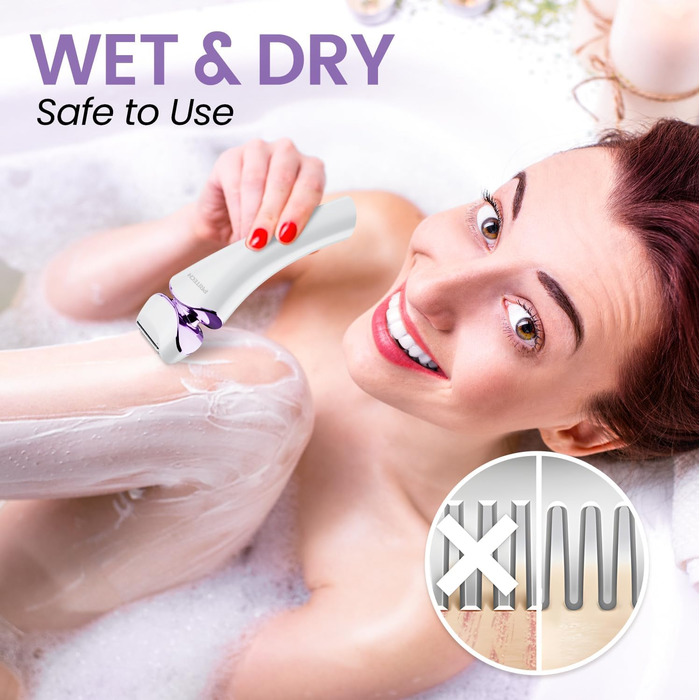 Електричний жіночий триммер для тіла: безболісне гоління ніг, бікіні та під пахв, бездротовий, USB, мокрий/сухий, білий/фіолетовий