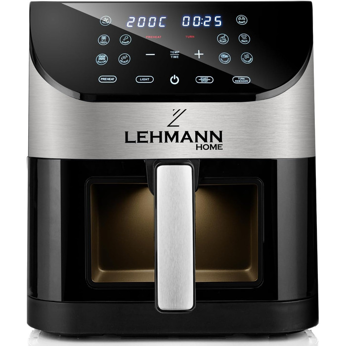 Електрична фритюрниця LEHMANN 6L з прозорим вікном, 1500 Вт, 12 програм, регулювання температури 76-200°C, таймер, LED-дисплей, фритюрниця без олії для приготування на грилі, випікання та смаження