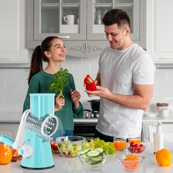 Ручна овочева тертка з ручкою та 3 насадками - Turbo Cut, для овочів, сиру, льоду, горіхів (блакитна)
