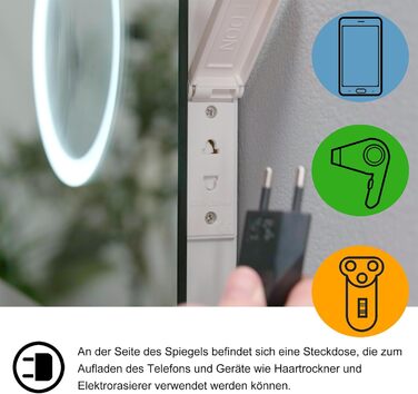 LED дзеркало для ванної кімнати з підсвічуванням 80x60 см: Bluetooth, годинник, 3 кольори світла, сенсорне регулювання, проти запотівання, збільшення, для ванної, туалету, коридору