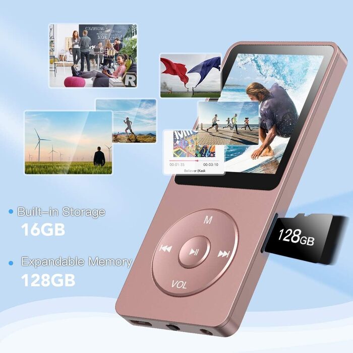 MP3 плеєр AGPTEK A02 8GB Rosegold - 70 годин відтворення, 1.8