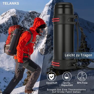 Термос-пляшка з чашкою 1L, 1.5L або 2L: термокана, пляшка з нержавіючої сталі, не протікає, ізотермічна пляшка для кемпінгу та піших прогулянок з ручкою та ремінцем, 24 години гаряча та холодна (1.5L) 1500 мл