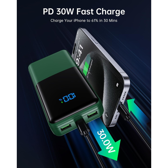 Power Bank Coblob 27000mAh з LED дисплеєм, 3 входами/виходами, USB-C 30W, для смартфонів, планшетів, AirPods та іншого (темно-зелений)