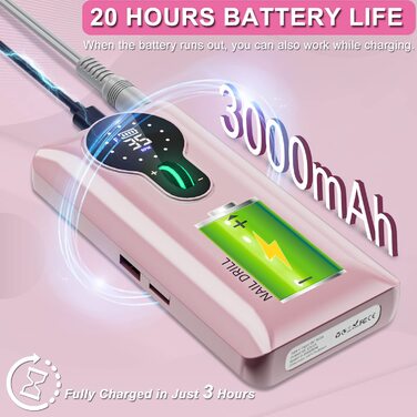 Професійний фрезер для нігтів ENGERWALL 35000 об/хв, акумулятор 20 годин, електрична фрезер для акрилу та гелю, бездротове манікюрне набір з 7 насадками, темно-сріблястий (Pro)