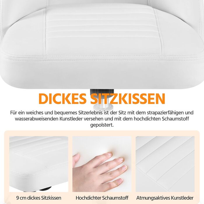 Офісне крісло Yaheetech без підлокітників, обертове, на колесах, регульоване по висоті, для роботи та макіяжу (білий, штучна шкіра)