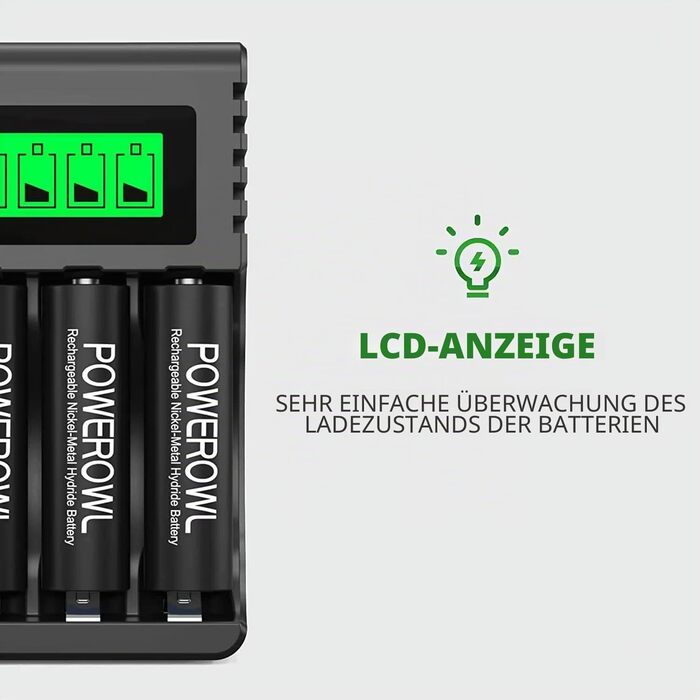 Зарядний пристрій POWEROWL з 8 акумуляторами: 4 AA 2800mAh + 4 AAA 1000mAh Ni-MH для швидкої зарядки