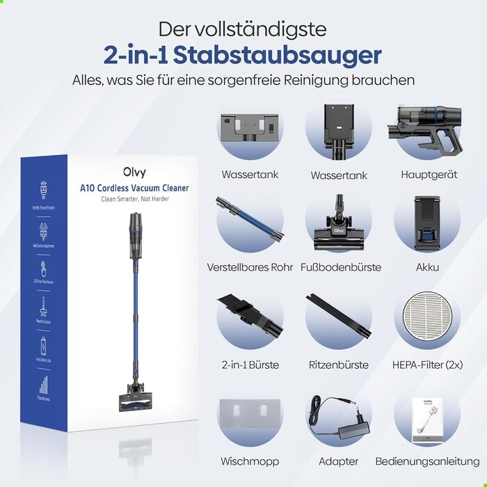 Акумуляторний пилосос Olvy 2-в-1 з функцією миття підлоги, для шерсті тварин, килимів та твердих поверхонь, бездротовий, без мішка, потужність 35KPA, 5 режимів, LED-дисплей, легкий, з HEPA-фільтром та аксесуарами