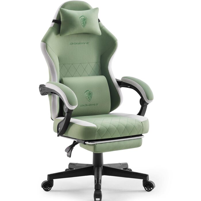 Ігровий крісло Dowinx з тканини, масажною підтримкою попереку та підніжкою, ергономічний офісний крісло для дорослих, великий і високий, 135 кг (зелено-білий)