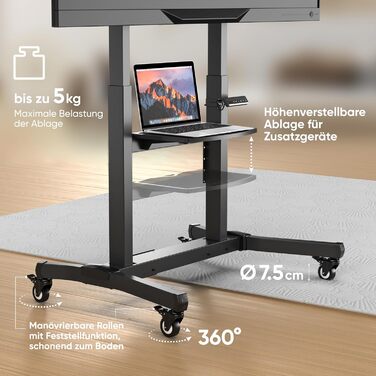 ONKRON Electric TV Stand with Wheels - Adjustable Height, 50-100 Inch TVs, 130kg Capacity, VESA 1000x600 - Black