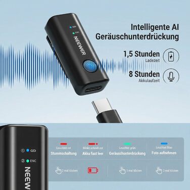 NEEWER Бездротовий петличний мікрофон KM23C: 48kHz/24Bit, 8 годин роботи, шумозаглушення, USB-C, сумісний з DJI, Insta360, iPhone, Android, PC